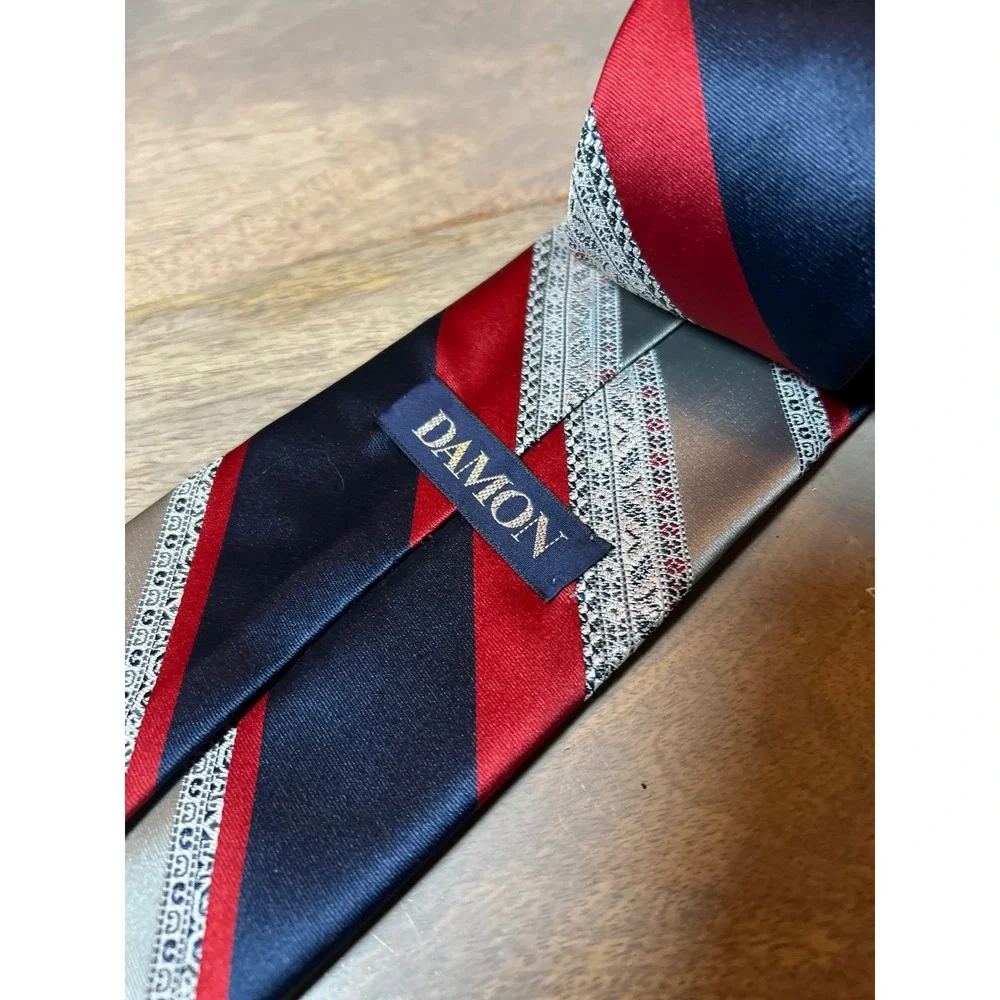 Damon Mens Necktie Diagonal Stripe Geometric‎ Red Navy Blue Silver OS